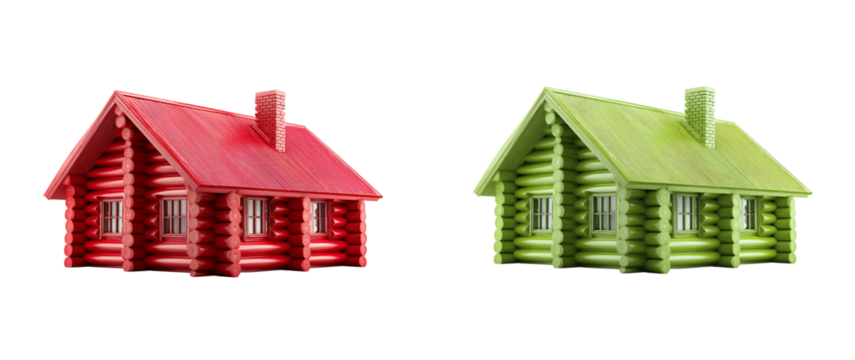 Two log cabins in red and green stand side by side against a black backdrop on transparent background