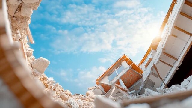 Devastation and Resilience: A building's structural integrity is compromised, revealing the destructive forces, against a backdrop of a bright sky with sun.
