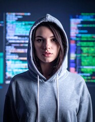 A young woman with brown hair poses in a grey hoodie, facing the camera. Background features colorful code on computer monitors