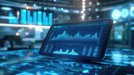 Digital tablet displaying financial stock market data analysis