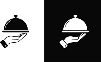Food service hand silhouette vector illustration showing waiter tray with cloche, hospitality symbol, black and white design for restaurant, catering, delivery concepts