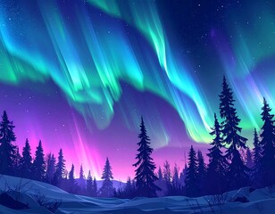 A vibrant nighttime landscape showcasing the aurora borealis dancing across the sky above a snowy terrain and evergreen silhouettes