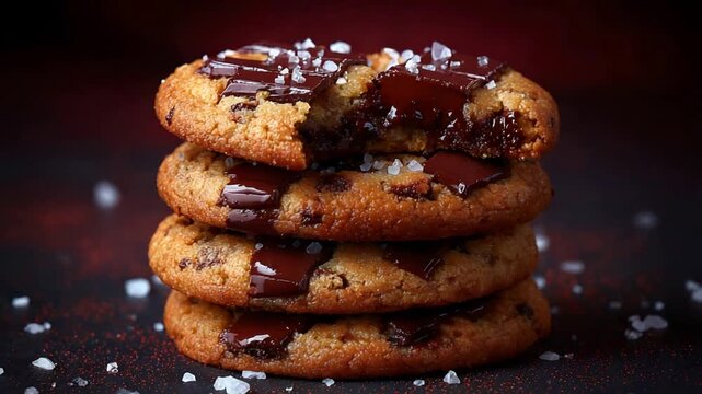 Delicious Gourmet Chocolate Chip Cookies Stacked with Melted Chocolate and Sea Salt.
