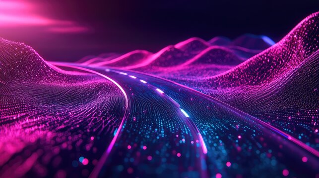 Digital road curving through abstract data landscape