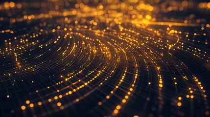 Golden digital data streams flowing through abstract network grid