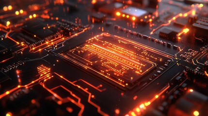 Glowing circuit board processing digital data in cyberspace