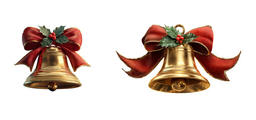 Two golden christmas bells adorned with red bows and holly on transparent background