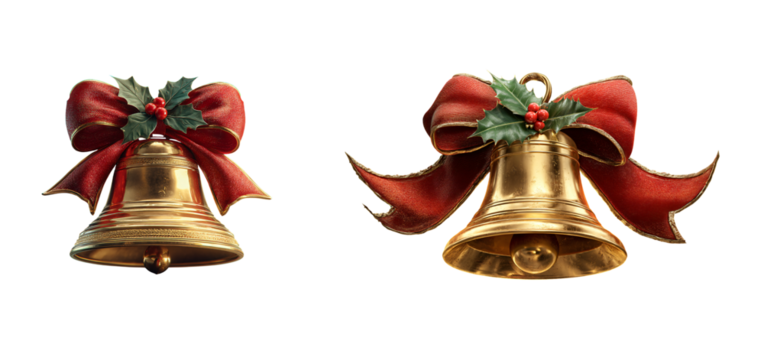 Two golden christmas bells adorned with red bows and holly on transparent background