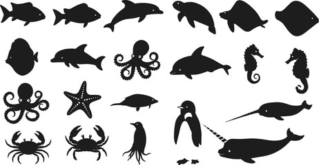 Large marine animal silhouette collection featuring fish, dolphins, turtles, stingrays, octopus, seahorses, crabs, penguins and narwhals, perfect for ocean wildlife vector illustration projects