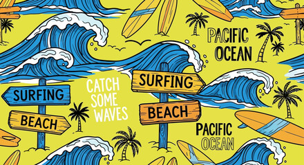 Hand drawn vector seamless pattern. Surfboards palm trees, waves and slogan texts.