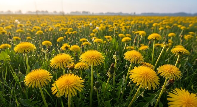 Vibrant yellow dandelions blooming in a vast sunlit field at sunset.