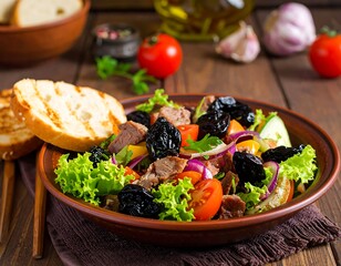 A vibrant salad with various ingredients, including meat and prunes, artfully arranged on a rustic plate. Accompanied by toasted bread