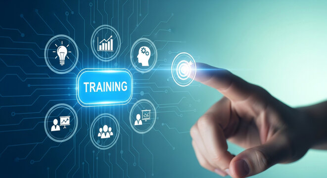 A luminous 'TRAINING' button with digital network is focused in the image. The light blue background is complemented by white icons, representing an innovative business education concept.