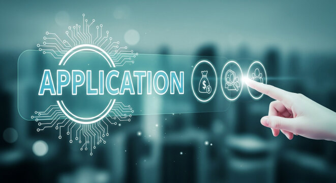 A glowing 'APPLICATION' interface on a glassy touchscreen, illuminated by white circuitry, is touched by a finger. This modern, interactive design stands out against a blurred cityscape at night.