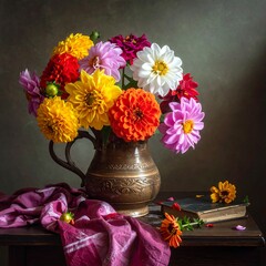 A vibrant still life features a bouquet of various-colored blooms in an ornate copper pitcher, beside a book and draped fabric