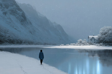 peaceful snowcovered landscape illuminated by digital northern lights captures essence of tranquility