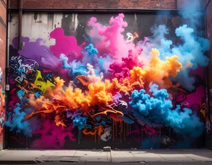 A vibrant street art mural explodes with colorful smoke, set against a dark wall and brick structure, creating an artistic display