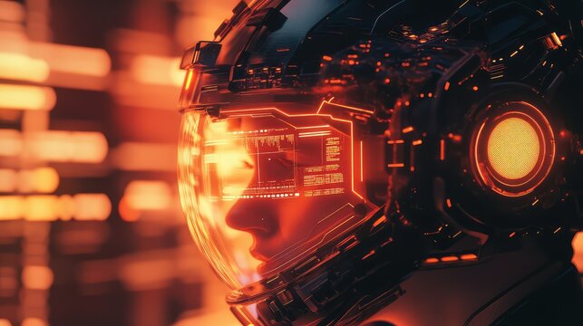 Woman exploring virtual reality in futuristic interface helmet - Powered by Adobe