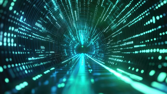 Digital data flowing through abstract futuristic network tunnel