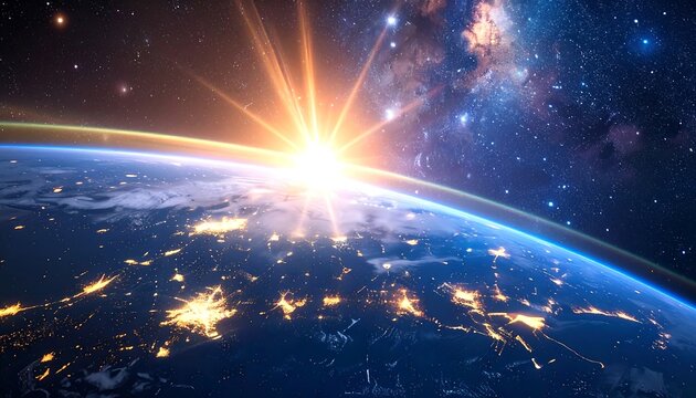 A vibrant sunrise bursts over a silhouetted Earth, illuminating city lights below a cosmic tapestry of stars and nebulae