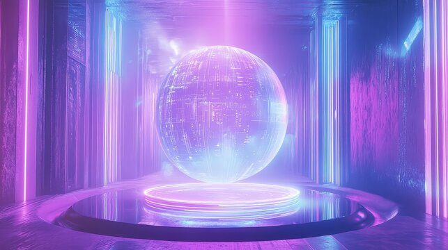 Glowing futuristic sphere floating in neon cyberspace environment