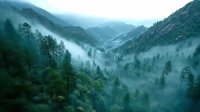Aerial view of misty mountain range with evergreen forest and fog