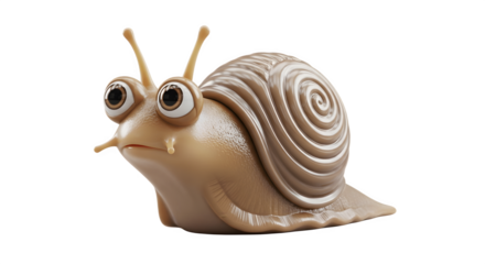 A detailed close up of a snail with a spiral shell and big eyes.