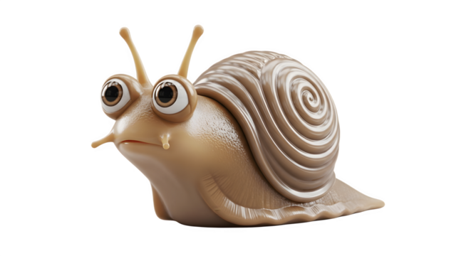 A detailed close up of a snail with a spiral shell and big eyes.