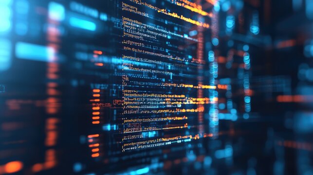 Digital data flowing with abstract coding information on screen