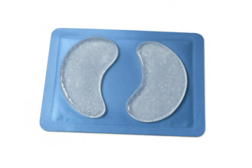 Under-eye hydrogel patches in blue packaging for skincare and beauty treatment, transparent background