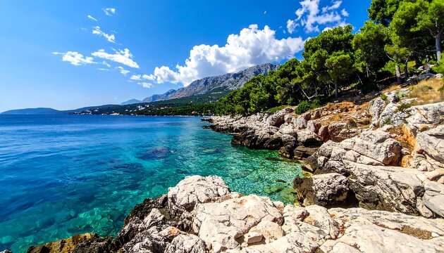Crystal clear waters meet rocky shorelines under a blue summer sky - Powered by Adobe
