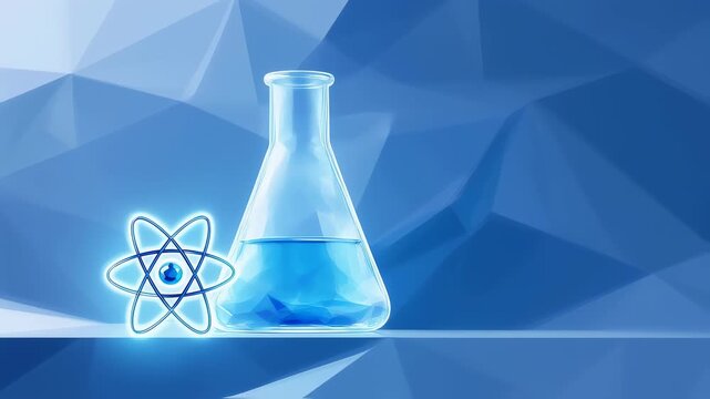 Laboratory flask filled with blue liquid on abstract background