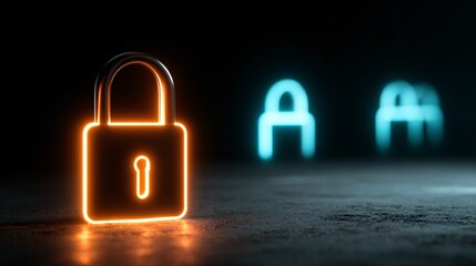 Encryption key floating above glowing padlock, dark cyber style, copy space,