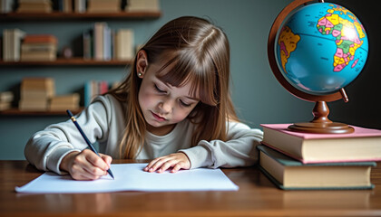 Young girl diligently writing notes at a desk with books and a globe
