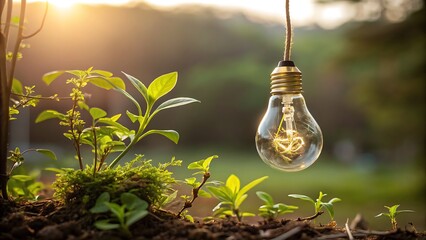 A light bulb with a plant inside and a plant growing near it, symbolizing green energy, sustainability, and the importance of environmental conservation