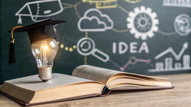 Illuminating knowledge a lightbulb sits on an open book beneath a graduation cap, symbolizing education and ideas against a chalkboard backdrop - Powered by Adobe