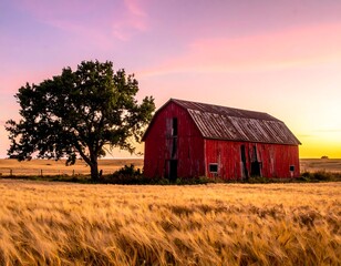A vibrant sunset casts light on a weathered red barn in a field of golden crops, next to a large tree