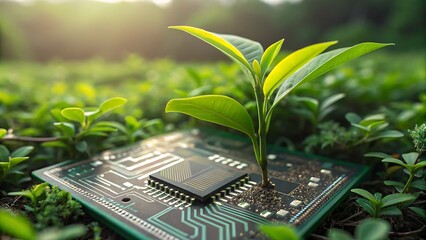 A vibrant green sprout emerges from a modern computer chip, symbolizing the fusion of technology and nature, representing sustainable innovation and ecofriendly technology