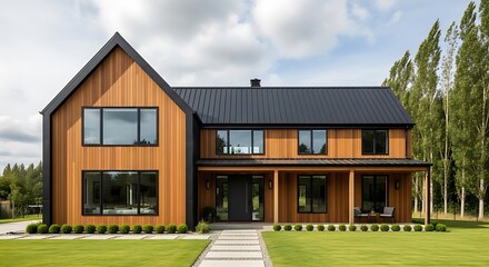 Fototapeta premium Exterior of a modern two story house with wood siding and a large green lawn.