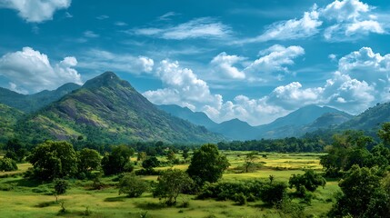 Obraz premium Exploring Green Mountain Valley Landscape with Blue Sky and Clouds