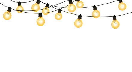 A string of illuminated light bulbs hanging against a dark black background in a horizontal view