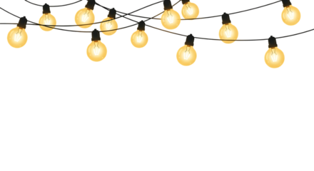 A string of illuminated light bulbs hanging against a dark black background in a horizontal view