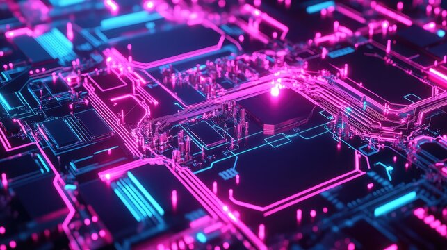 Glowing circuit board representing digital technology and data processing