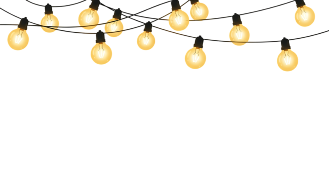 A string of illuminated light bulbs hanging against a dark black background in a horizontal view