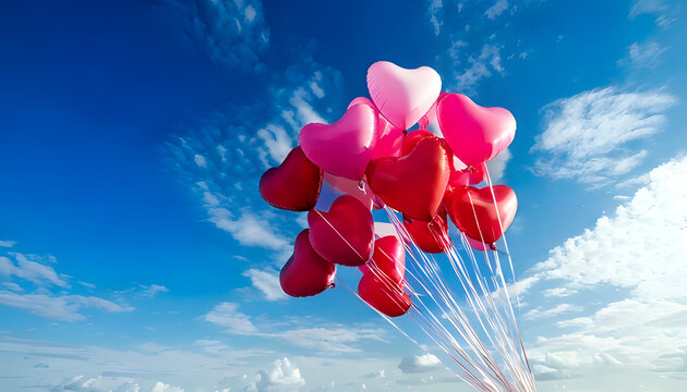 A landscape with red and pink heart-shaped balloons floating in the blue sky - Powered by Adobe