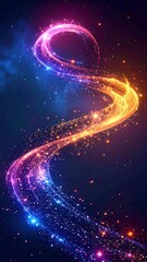 A vibrant, swirling light trail winds through a dark blue space, transitioning from purple to gold, adorned with sparkling points