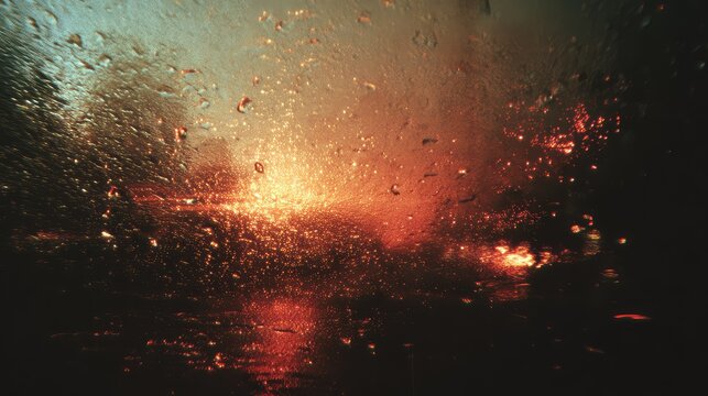 Raindrops on car window at sunset with city lights bokeh