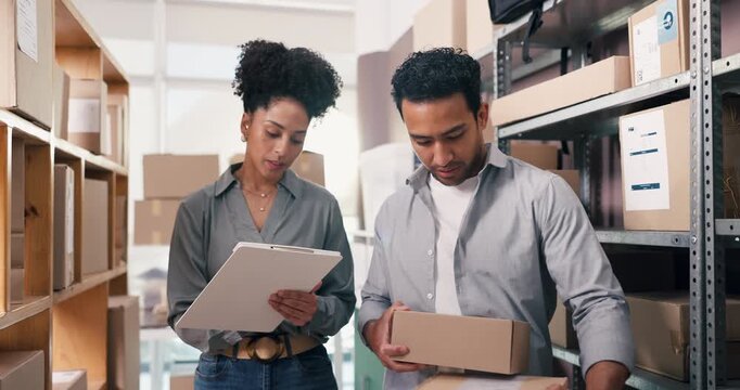 People, clipboard and package in warehouse for logistics, inspection and inventory management. Employees, team and reading boxes for stock check, supply chain and checklist with distribution schedule