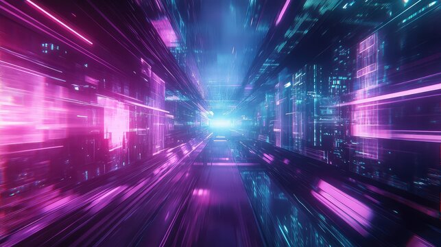 Digital cyber tunnel with glowing neon lights and data lines