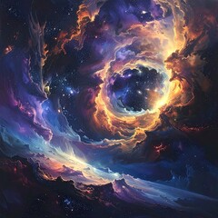 A vibrant, swirling nebula is the focus, with hues of blue, gold, purple, and orange creating depth and cosmic wonder